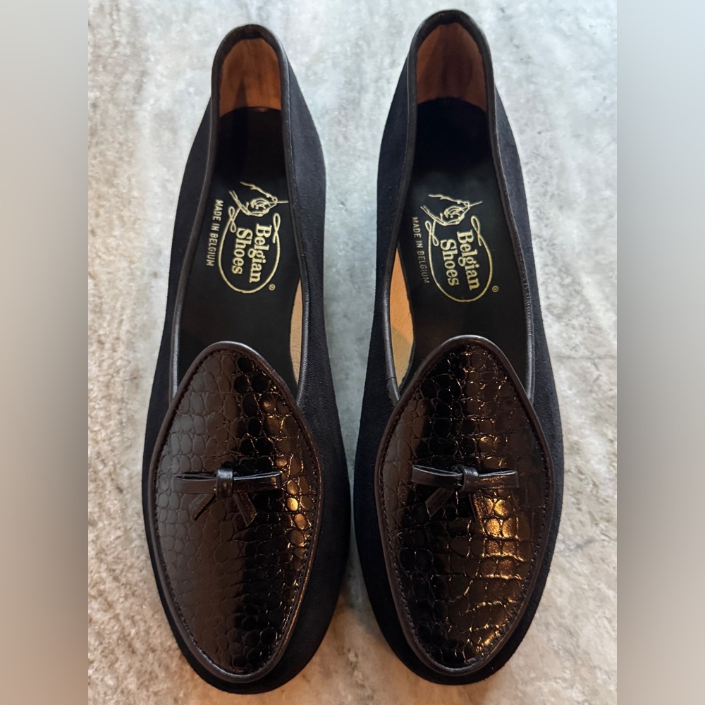 BELGIAN SHOES TRAVELETTE LOAFER BLACK CROCODILE EMBOSSED SLIPPER SUEDE BOW 5